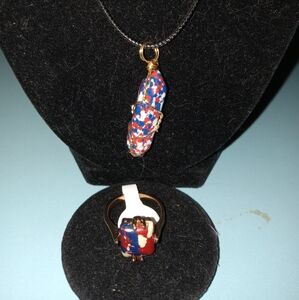 Matching Necklace and Ring Set w/Multi-colored Pendant on Black Cord